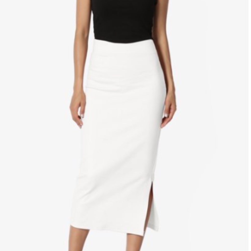 White Side Slit High Waist Mid Calf Pencil Skirt